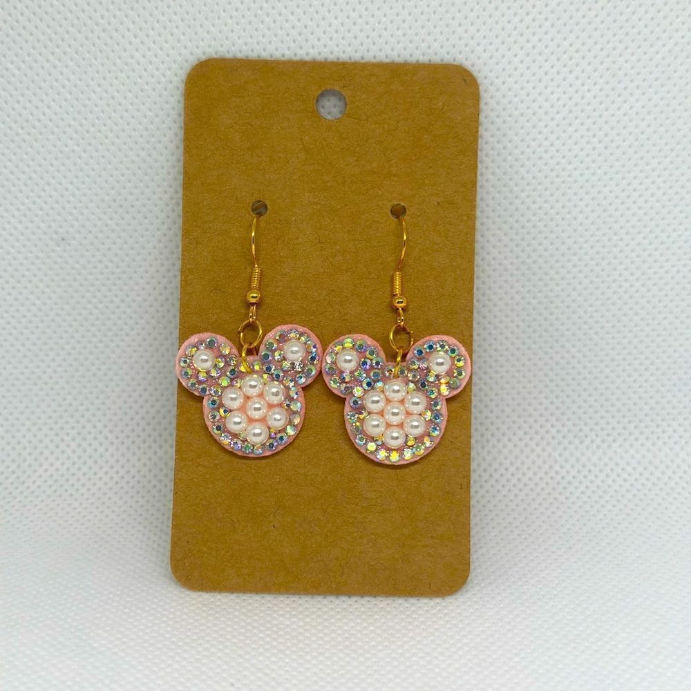 Pink Rhinestone & Pearls Mickey Mouse Felt Dangle Earrings